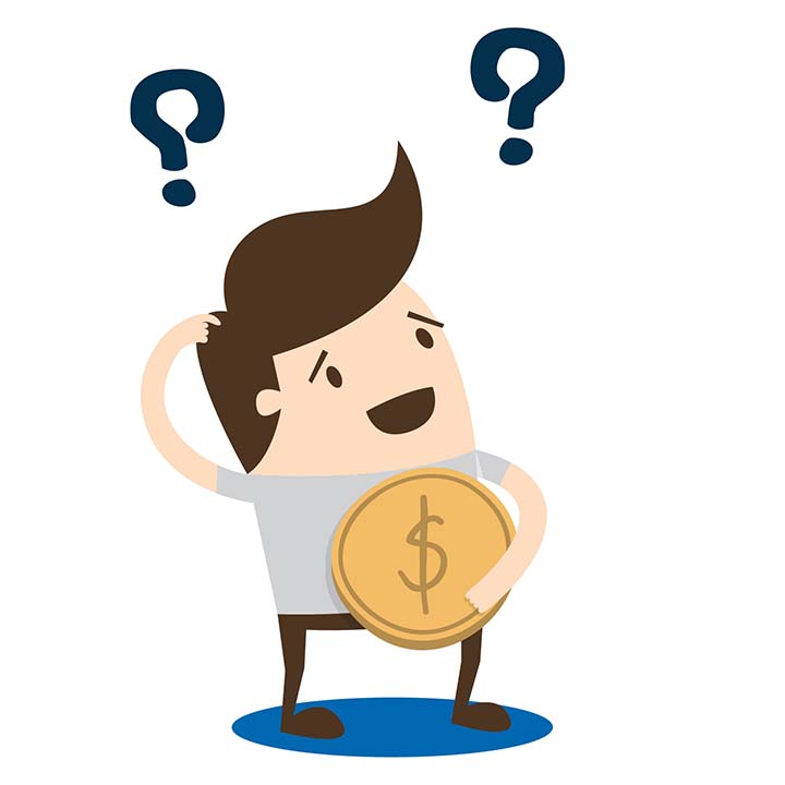 Clip art man holding a coin and scratching the top of his head in confusion